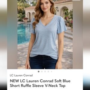 LC Lauren Conrad Mystic Lagoon Blue V-Neck Ruffle Sleeve Top Size L~NWT Soft